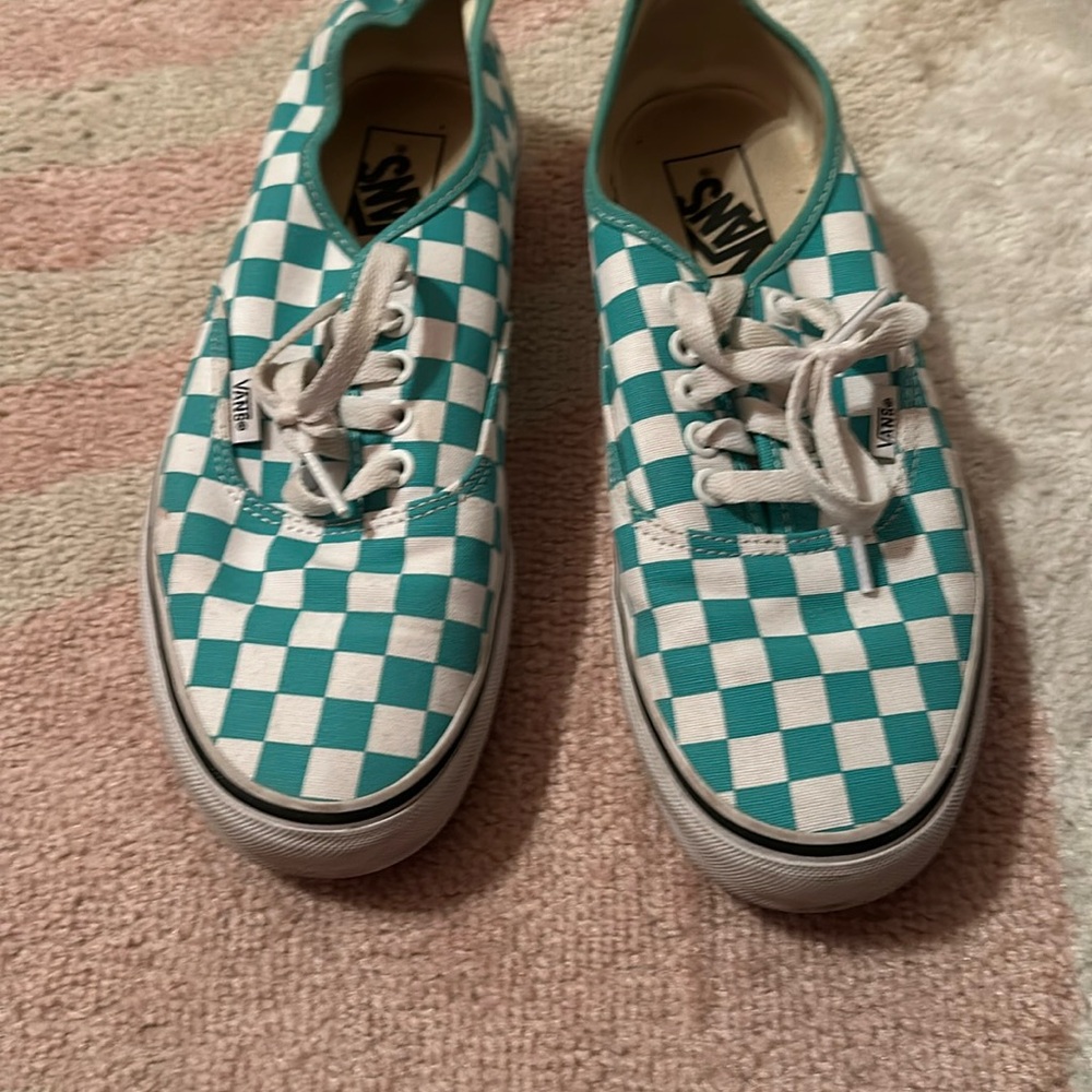 Turquoise and white checker vans
